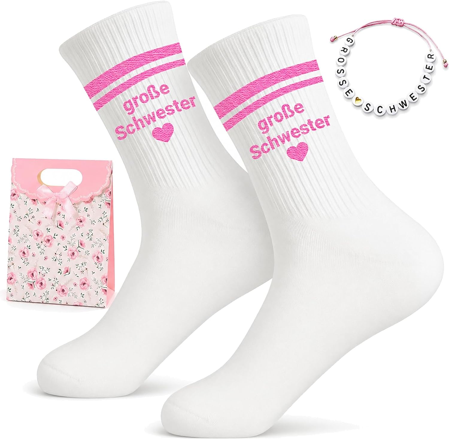 Big Sister Gift Set Girls, Children's Socks Big Sister with Bracelet and Gift Bag, Gift for Birth Girl, I Become a Big Sister, Siblings Gift for Sister
