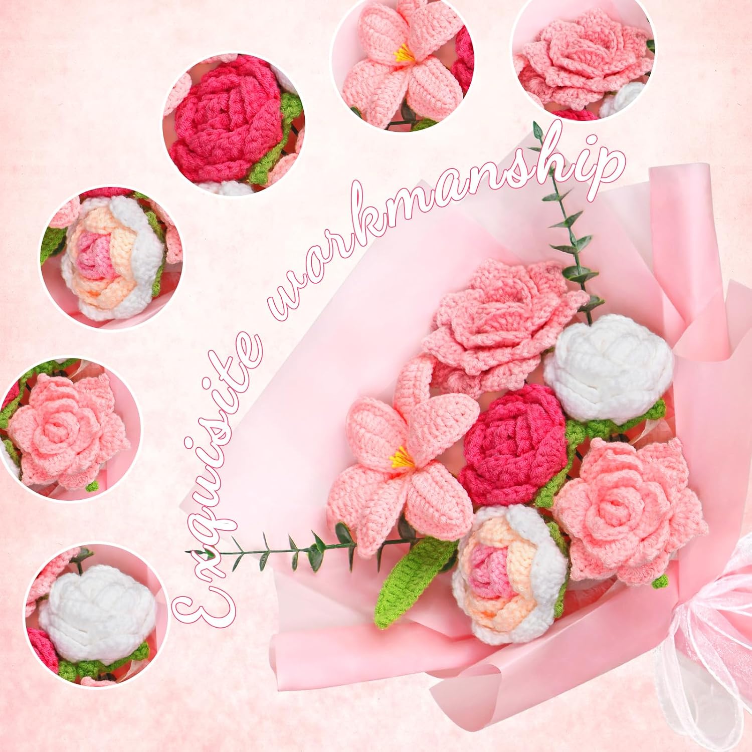 Crocheted Flowers Handmade Artificial Tulip Crochet Flowers Bouquet – Bild 5