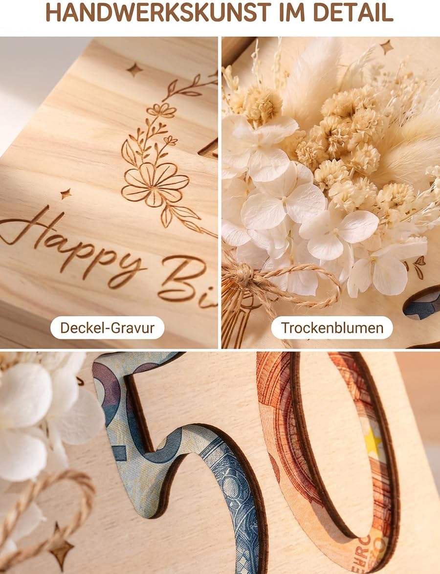 50th Birthday Wooden Money Gift with LED Fairy Lights, Gift Box for Money & Vouchers, Wooden Box with Dried Flowers and Card, 50th Birthday Gift for Women Men (50 Years) – Bild 8