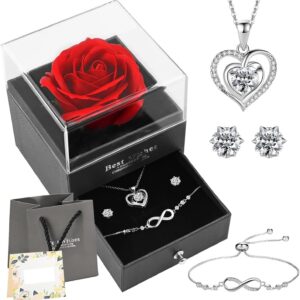 Eternal Rose Jewellery Set, Heart Silver Chain Earrings Bracelets Gift Box with Greeting Card & Gift Bag, Surprise & Much Love, Mother's Day, Valentine's Day, Birthday, Unforgettable Gift for Women