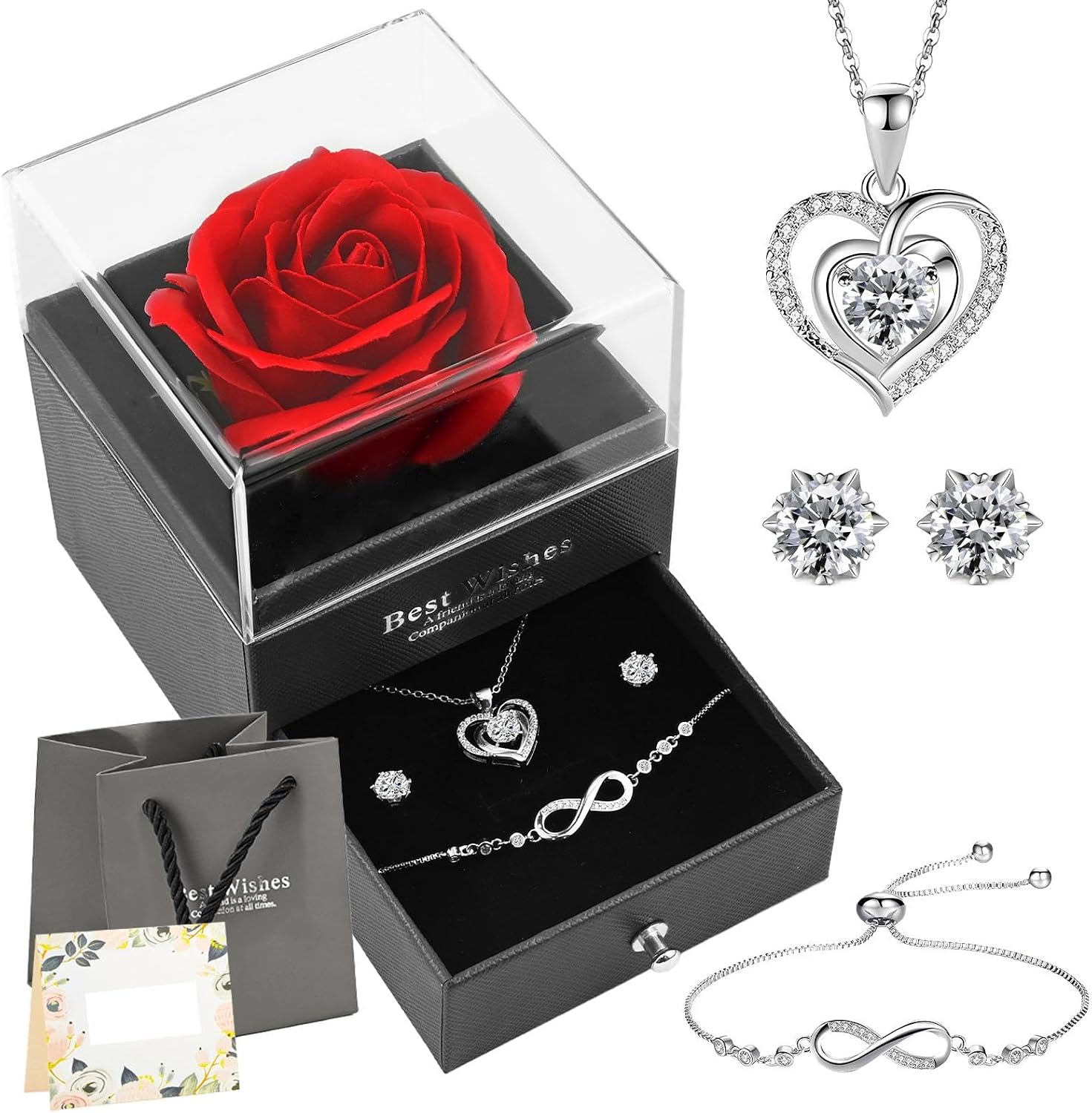 Eternal Rose Jewellery Set, Heart Silver Chain Earrings Bracelets Gift Box with Greeting Card & Gift Bag, Surprise & Much Love, Mother's Day, Valentine's Day, Birthday, Unforgettable Gift for Women