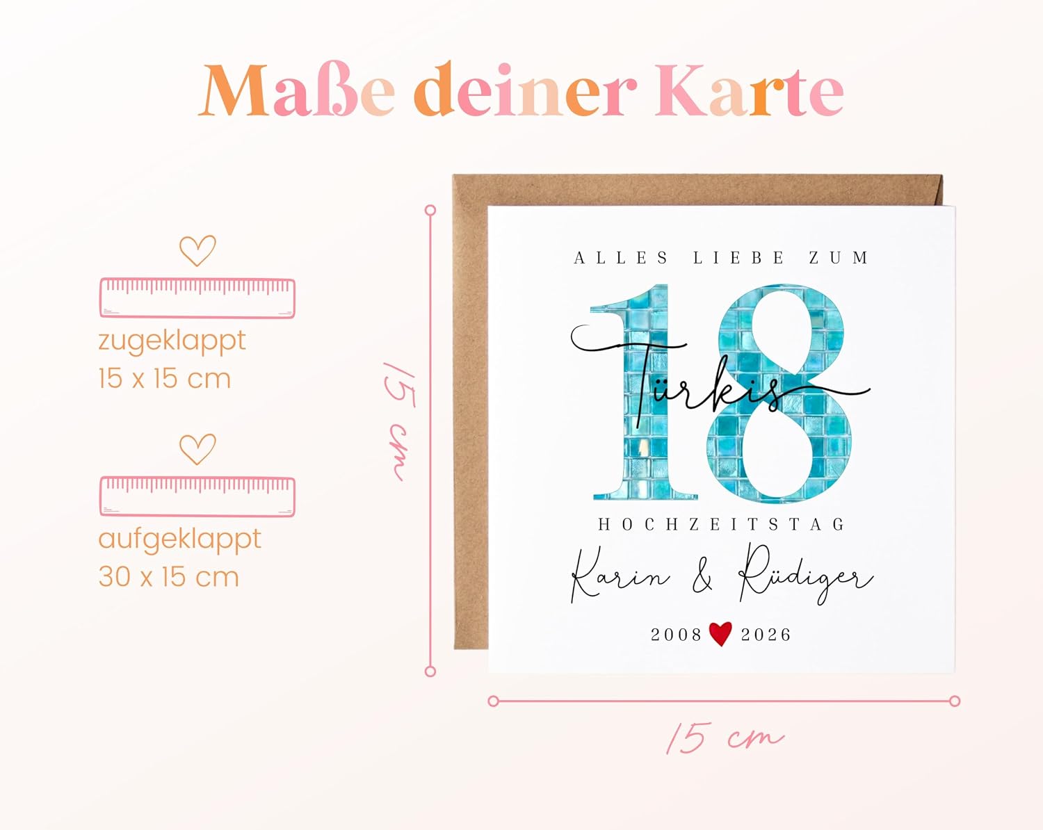 18th Wedding Anniversary Gift Turquoise Wedding Card Premium Congratulations Card Turquoise Wedding Folding Card for 18th Anniversary Personalised with Name Wedding Anniversary – Bild 4