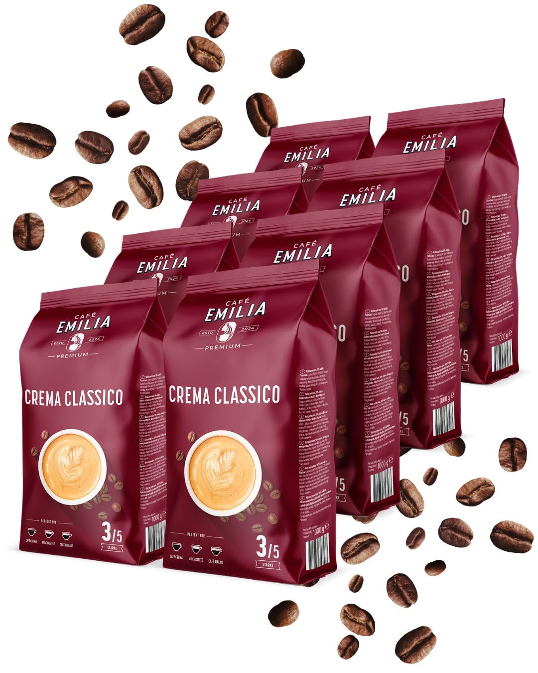 EMILIA Crema Classico Coffee Beans 8 x 1 kg - Premium Coffee Whole Beans - Medium Roast (Thickness 3/5) - Matched to Fully Automatic Coffee Machine & Portafilter - as Café Crema, Latte & Café au Lait