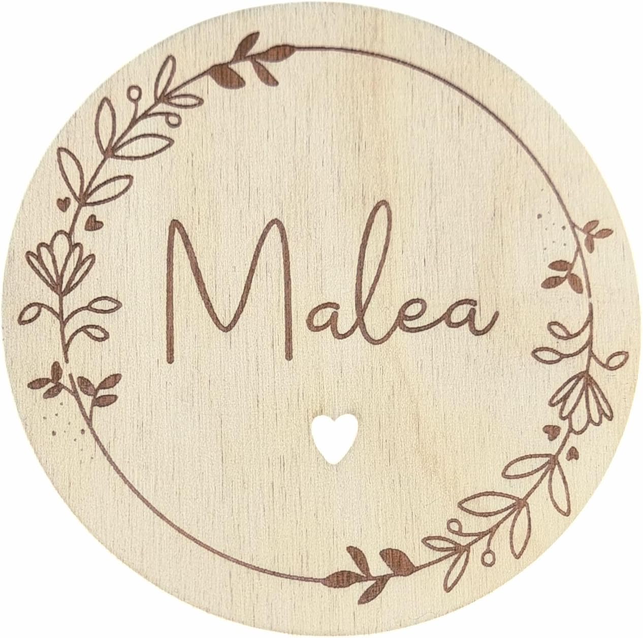 Personalised Baby Name Disc with Flower Wreath, Wooden Disc with Name, Announcement for Birth Gift, Gift Idea (15 cm)