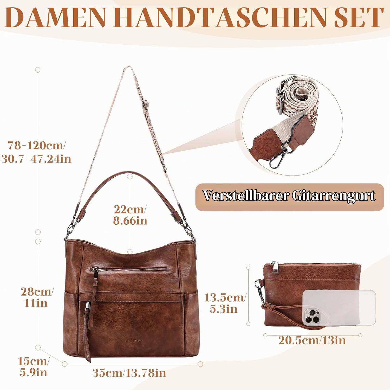 VASCHY Handtasche Damen, Vegan Leder Schultertasche Henkeltasche Groß Crossbody Hobo Bag Umhängetasche Geldbörsen Set – Bild 3