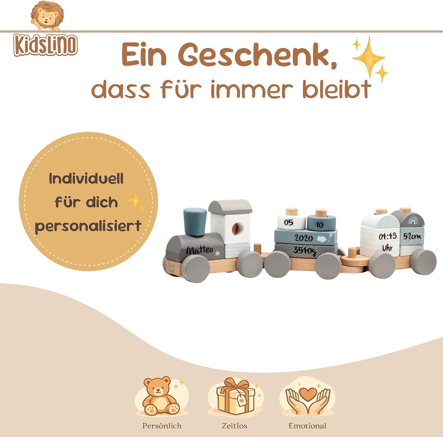 Personalised Wooden Train Blue - Personalised Gifts Baby I Plug Toy I Gift for Birth Boy I Wooden Train with Name & Birth Data - Label Label – Bild 3
