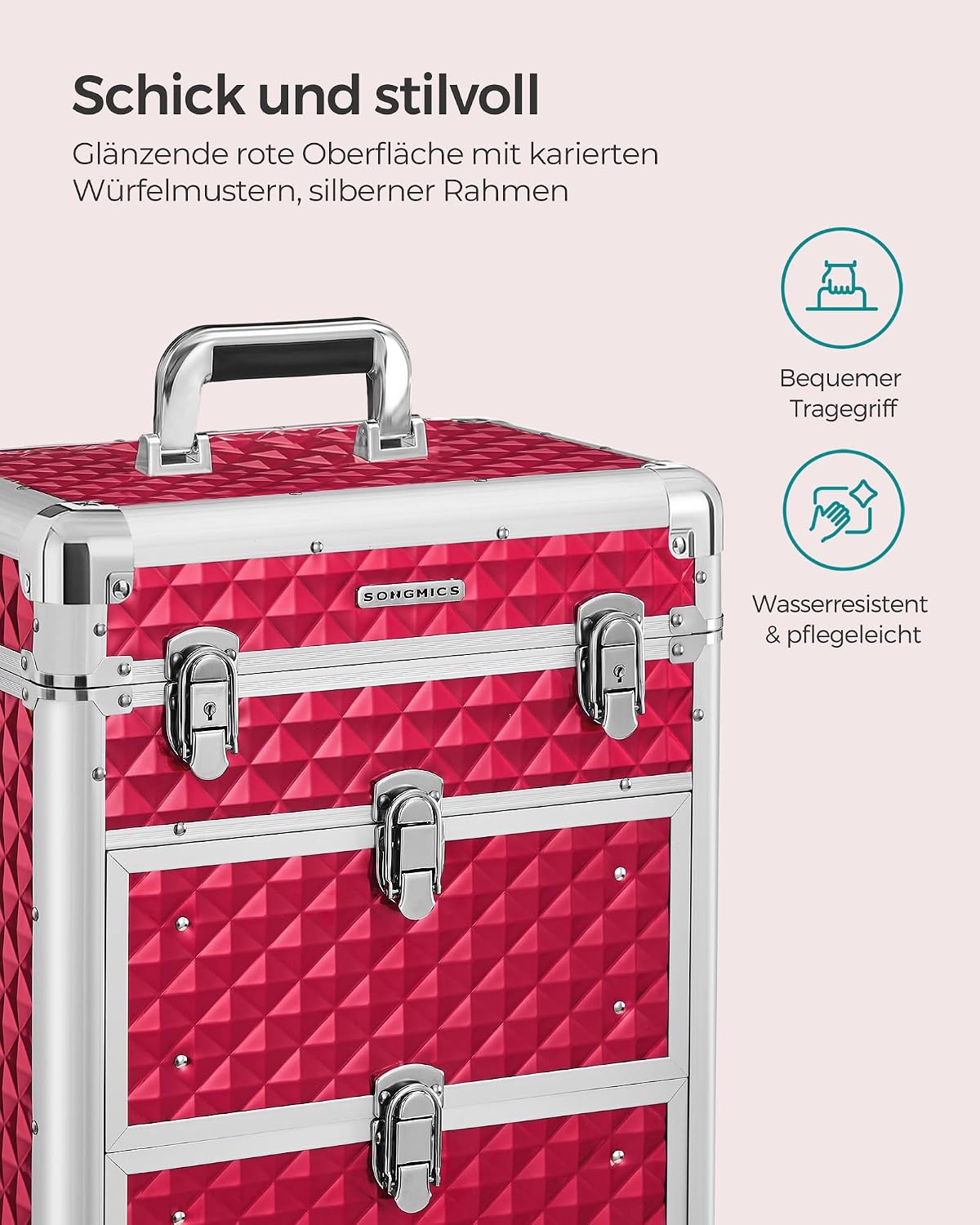 Songmics Make-Up Trolley, Cosmetic Case, Make-up case, Hairdresser’s Case, with 4 Removable, Universal Wheels, Top with 3 levels, Drawers with Slide Rails, Professional, for Travel Red – Bild 9