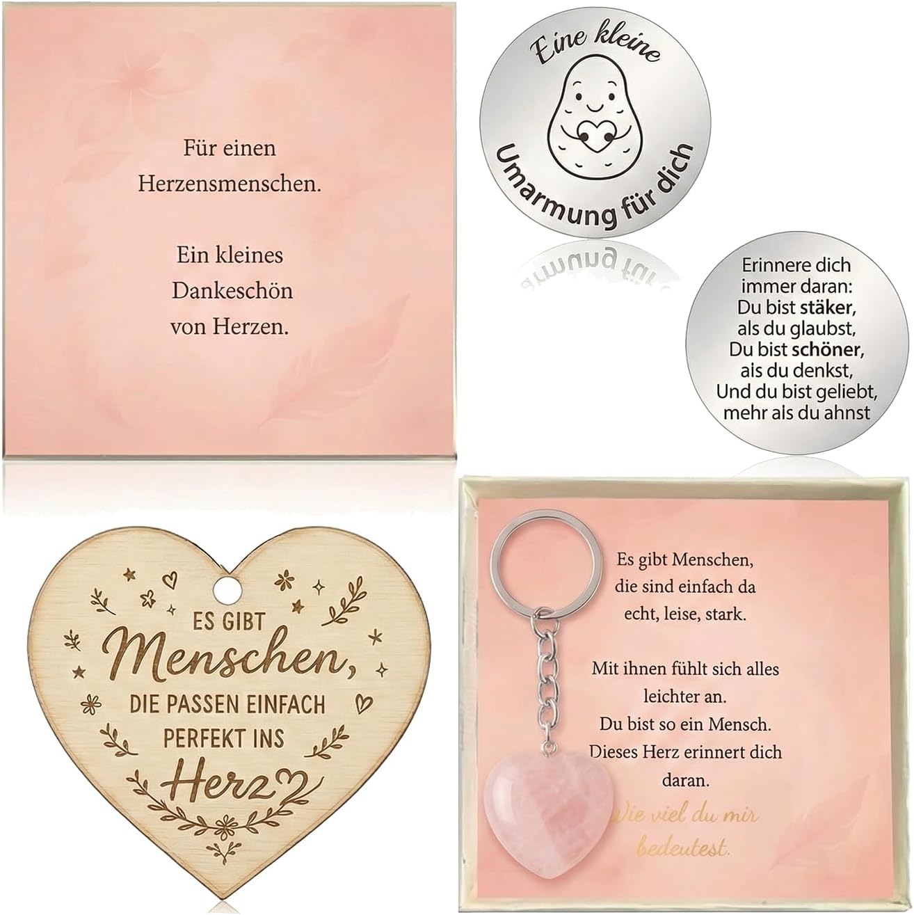 Gift Girlfriend - Gift Box with Heart Keyring Rose Quartz, Wooden Card & Lucky Charm - Personal Thank You Gift for Best Friend, Maid of Honour, Colleague, Birthday & Valentine's Day