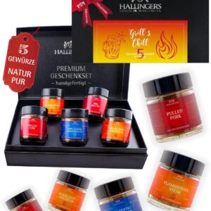 Hallingers Genuss Manufaktur Spice Gift Set – 5 Spices from around the World in High-Quality Gift Box with Recipe Booklet „Grill & Chill“, Gift Idea for Women and Men