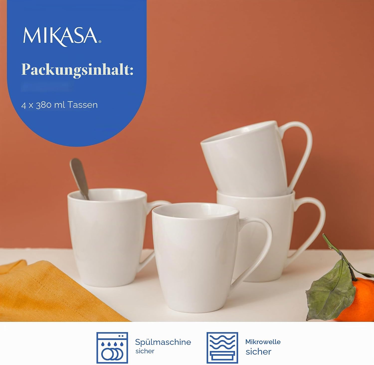MIKASA Chalk Porcelain Mugs, Set of 4 White Tea and Coffee Mugs, 380 ml, Dishwasher and Microwave Safe – Bild 4