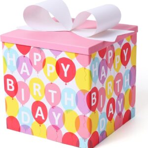 BIOBROWN Medium Gift Boxes with Lids, 22 x 22 x 22 cm, Pink Balloon Design, Foldable, for Birthdays, Baby Showers and Other Celebrations