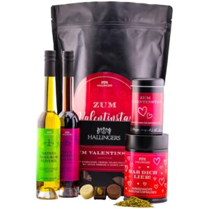 Hallingers Genuss Manufaktur Feinkost Valentine’s Day Gift Set – XXL Wonder Bag „Zum Valentinsta…“ Large Love Greeting Chocolates, Spice, Olive Oil, Raspberry Vinegar & Chocolate, Valentine’s Day for Women