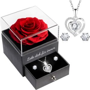 Sunia Eternal Real Rose with Heart Necklace and Earrings Made of 925 Sterling Silver, Gifts for Women, Girlfriend, Mum, Grandma, Infinity Roses, Birthday, Christmas, Valentine's Day, Mother's Day, Eternal Rose with Chain