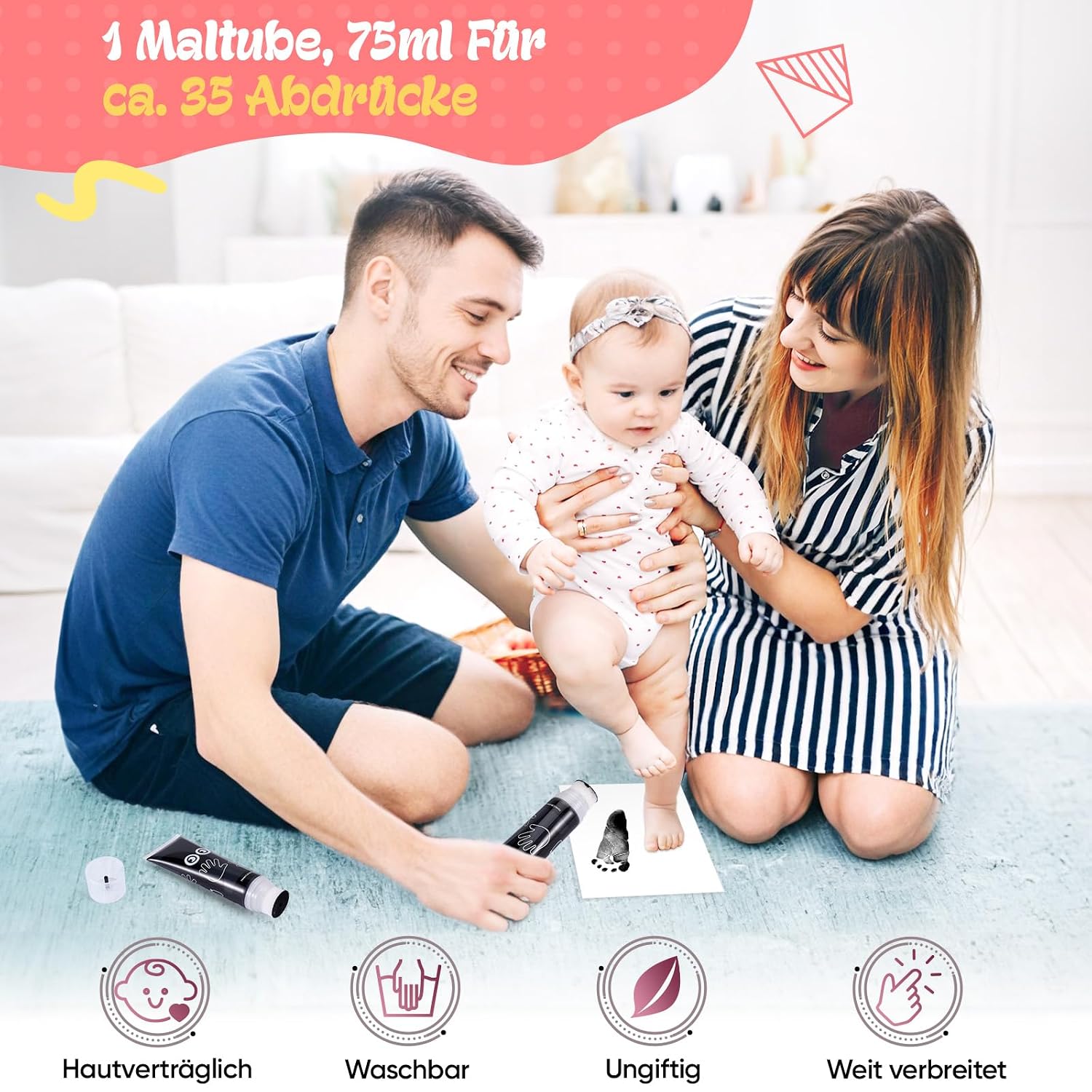 Footprint Baby, 75 ml Hand and Footprint Kit with Sponge Attachment, Non-Toxic Colour Paw Print, Baby Handprint for Newborns, Gift Stamp, Children, Art Finger Paints for Home – Bild 2