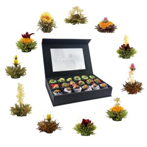 Creano ErblühTee Tea Flowers Gift Set of 18, White, Black and Green Tea in an Elegant Magnetic Box with Window and Silver Embossing