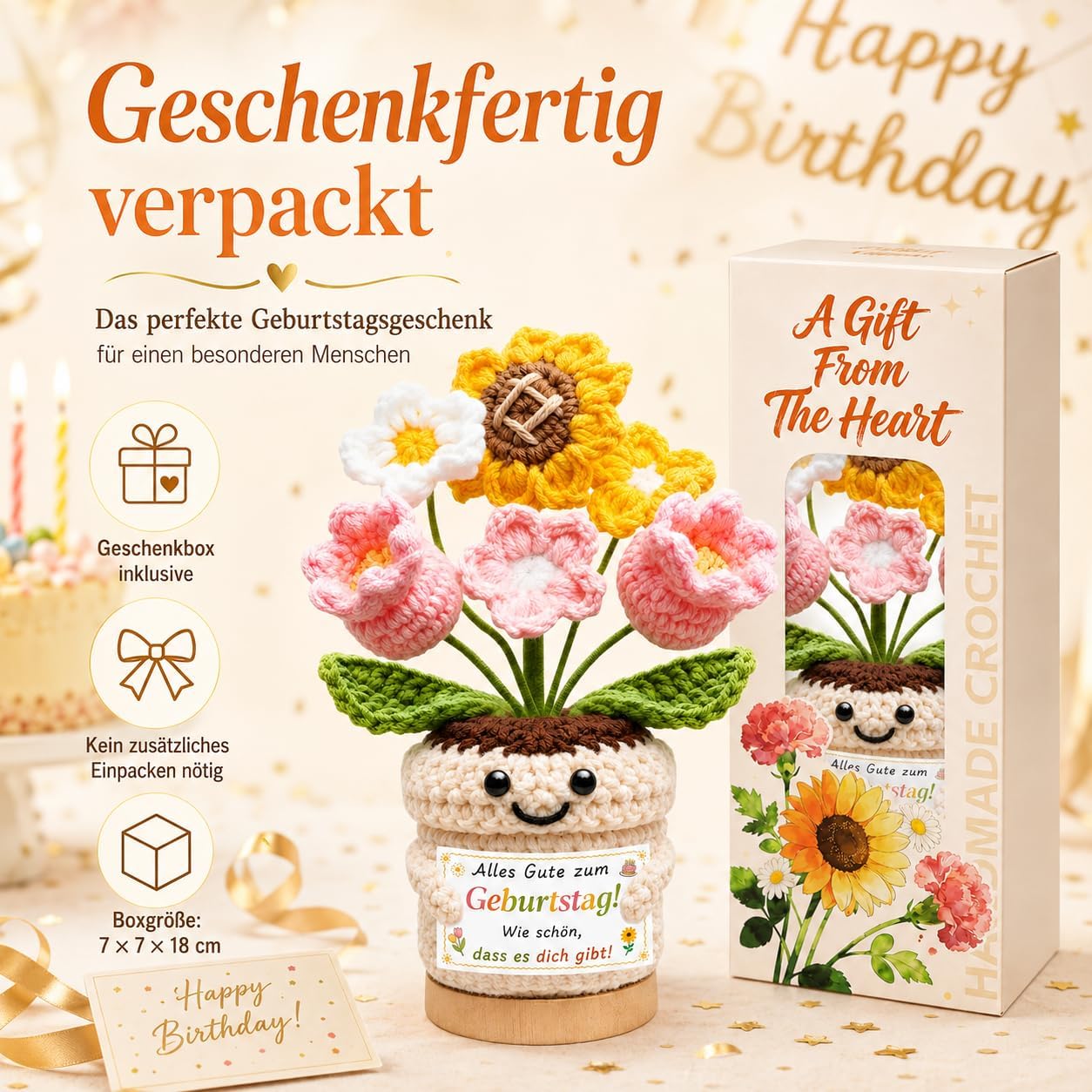 Birthday Gift for Women, Crocheted Flowers in Pot with Gift Box - Gift for Mum, Girlfriend, Sister, Grandma, Daughter & Colleague, Birthday Decoration – Bild 9
