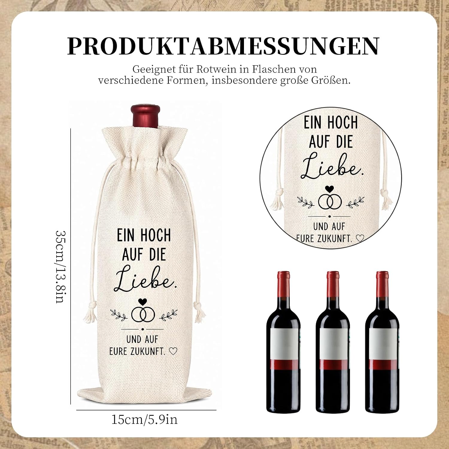 Wedding Gifts for Bride and Groom Elegant Engagement Gift Wine Bag as Wedding Gift Linen Bottle Bag Beautiful Gift Packaging with Love Saying Skandi Style – Bild 2