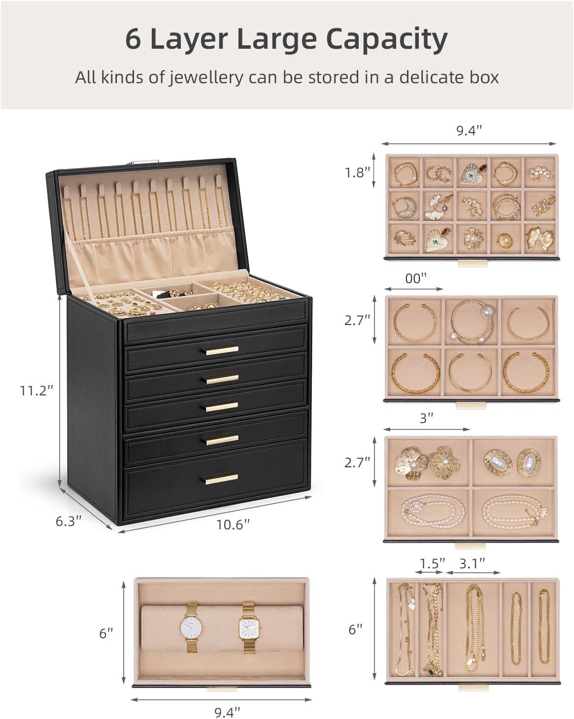 Vlando Jewellery Box Large Jewellery Storage with 6 Levels, Room Decoration – Bild 7