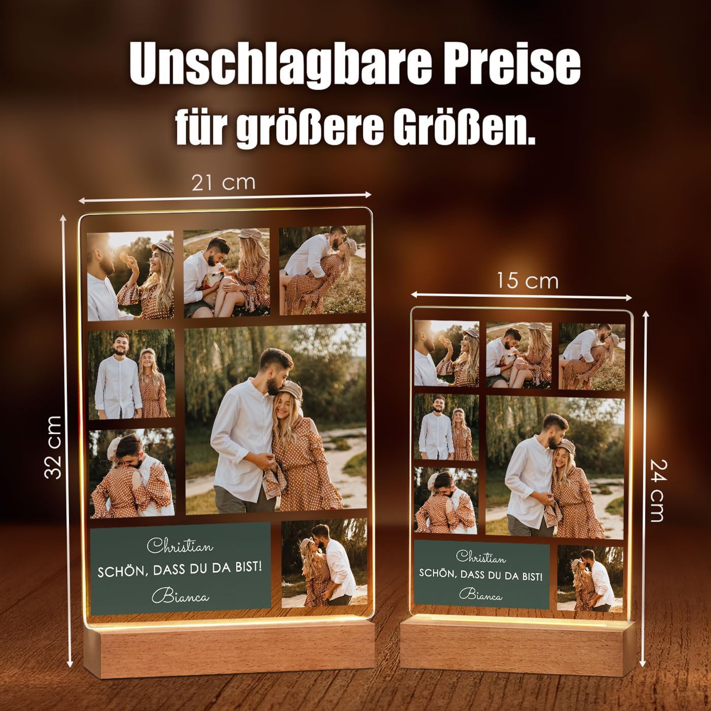 Maverton Illuminated LED Frame with Wooden Stand – Personalised Acrylic Glass Picture with Own Photo with LED Lighting – Glass Photo for Men for Birthday – Size: 15 x 24 x 4.5 cm – Collage – Bild 3