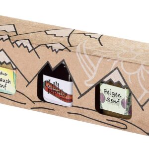 Allgäuer Genuss-Box | 5x Specialty Glasses: 4x Delicatessen Mustard (Mountain Herbs, Wild Garlic, Figs, Pears) & 1x Chilli Pepper Jelly in Gift Box