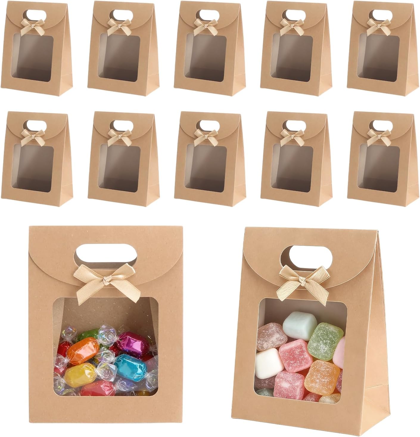 GZRXIOUS Pack of 12 Gift Bags with Window, Block Bottom Bags with Window Made of Kraft Paper, Paper Bags with Viewing Window, Gift Bags with Window for Biscuits, Chocolates, Gifts, Sweets