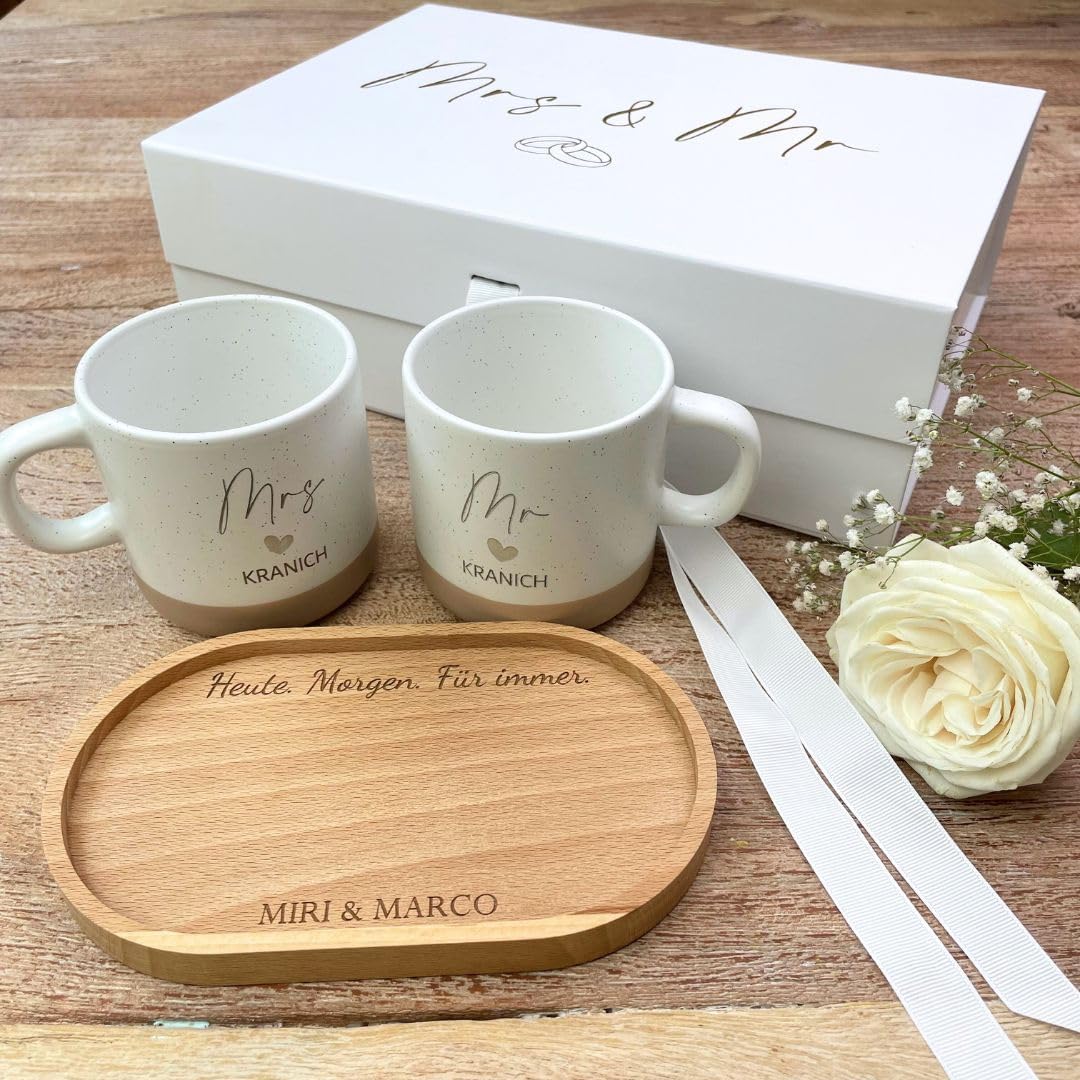Personalised Wedding Gift Set | Mr & Mrs Cups with Name | Engraved Tray | Gift Box Wedding | Wedding Cups Personalised (Full Set) – Bild 2