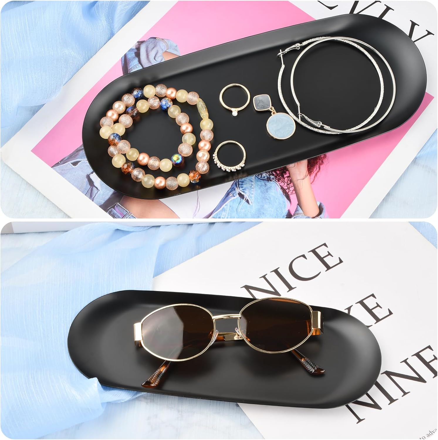 Set of 2 Decorative Trays Stainless Steel Serving Tray Metal Oval 23 x 9.5 cm Jewellery Tray Small Storage Tray Ceramic Black for Desserts, Cosmetics, Jewellery, Candles, Keys (Black) – Bild 7
