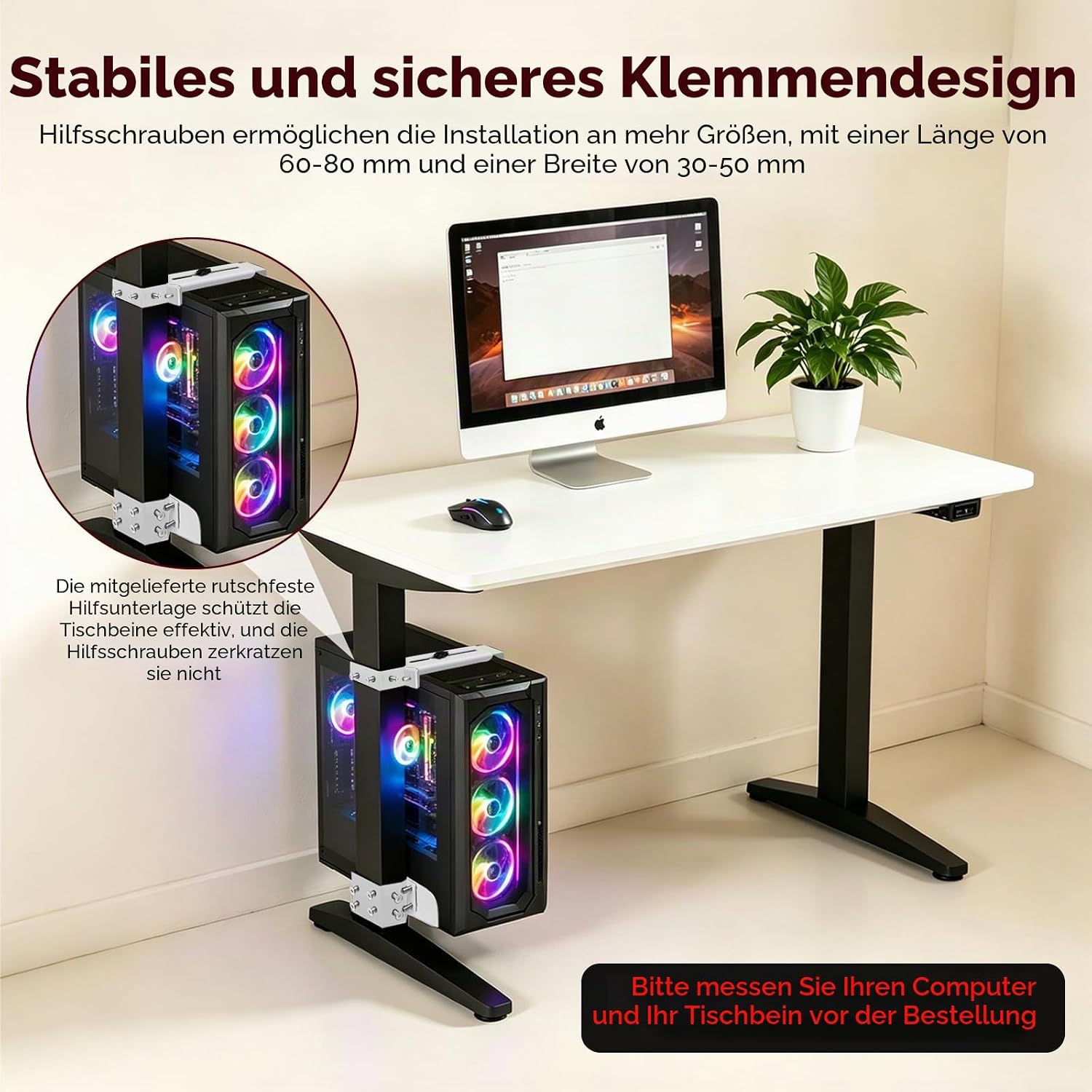 PC Holder Under Desk, White, PC Holder Desk, No Drilling, 20 kg (44 lbs) Load Capacity, Height & Width Adjustable, PC Table Mount (Table Leg 80 x 50 mm) for Most Computer Desks – Bild 2