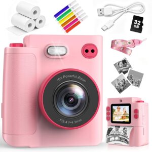 Kids Instant Camera with 32GB Memory Card, Pink, 2.0 Inch LCD Screen, Dual Camera, 1080P Video, 16X Digital Zoom, Type-C, 3 Rolls Printing Paper and Colouring Pencils, Gift for Kids