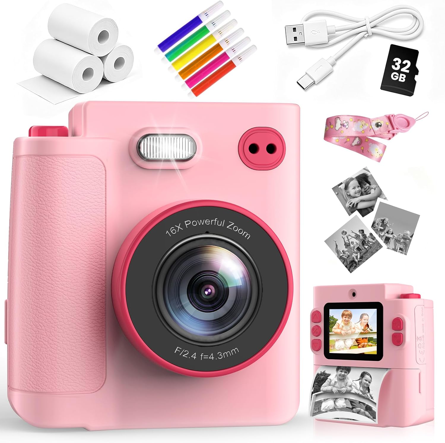 Kids Instant Camera with 32GB Memory Card, Pink, 2.0 Inch LCD Screen, Dual Camera, 1080P Video, 16X Digital Zoom, Type-C, 3 Rolls Printing Paper and Colouring Pencils, Gift for Kids
