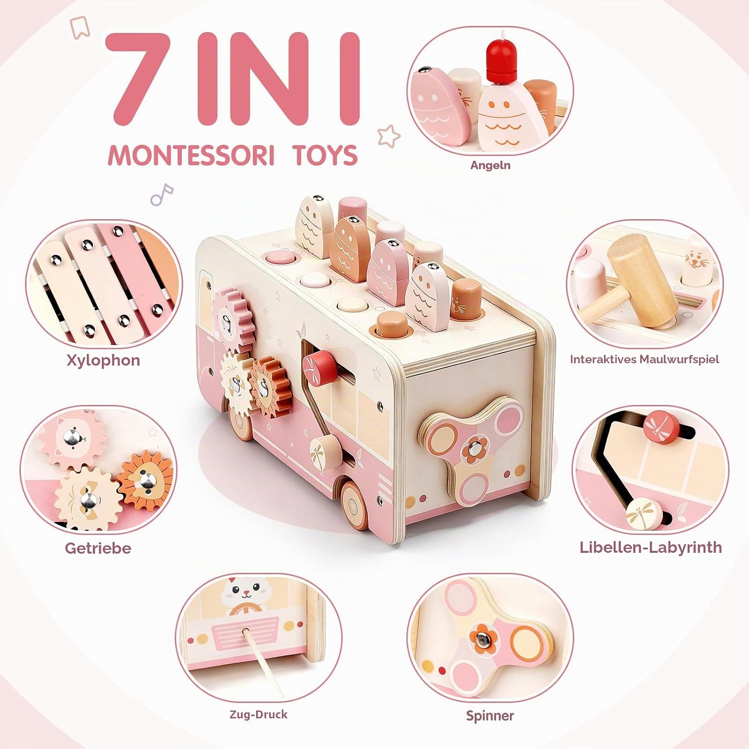 Vanplay Montessori Toy from 1 Year, 7-in-1 Hammer Game Wooden Toy Motor Skills Toy, Xylophone Children 1 Year, Gift Children's Toy from 1 2 3 Years Girls Boys – Bild 2