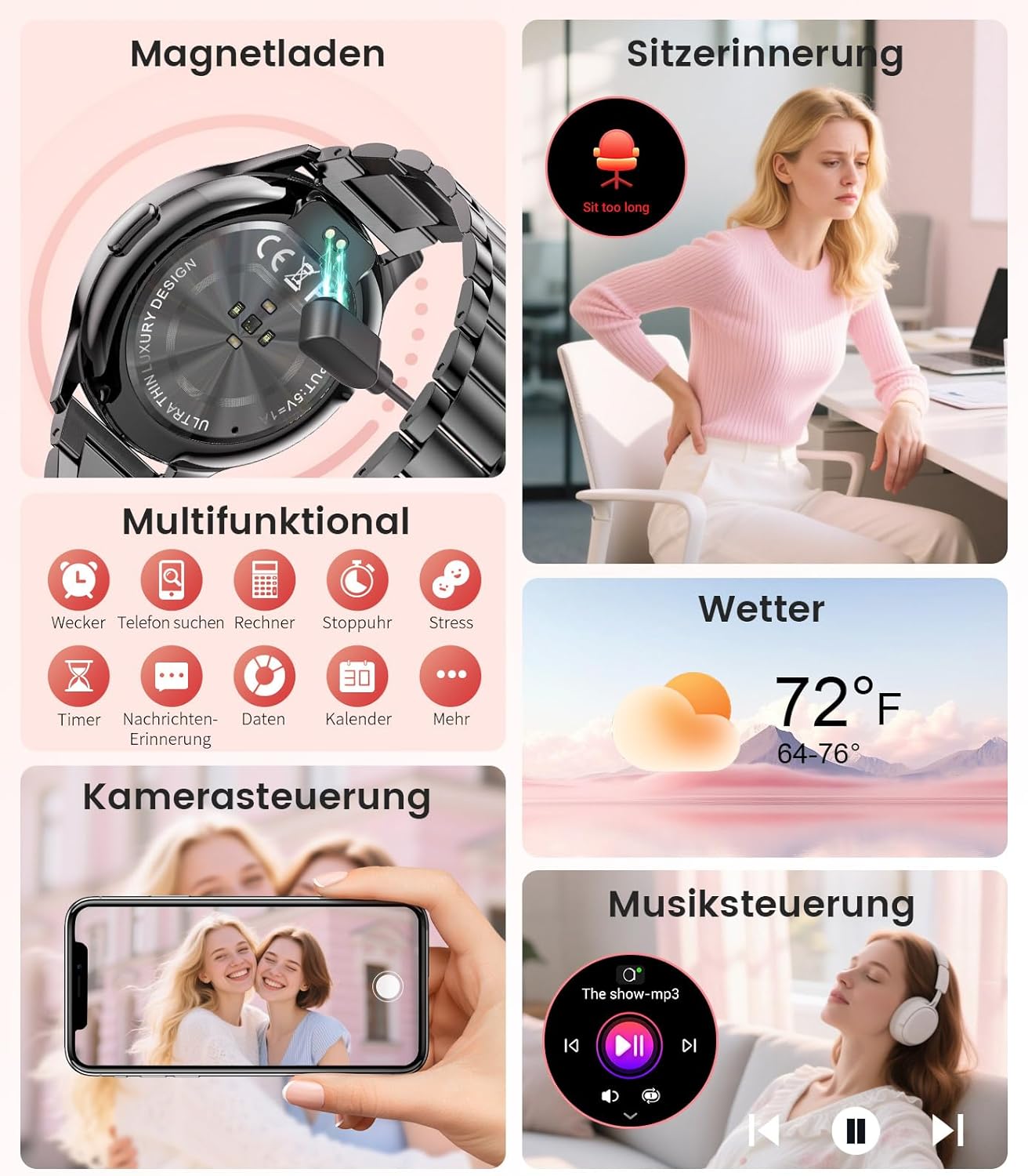Women's Smartwatch (2 Bracelets), Premium Metal Bracelet, 1.43 Inch HD AMOLED Display, 120+ Sports Modes, Fitness Watch with Sleep Tracking, Phone Function, Watch for iOS Android, Black – Bild 8