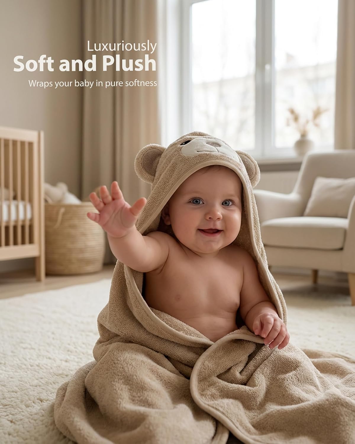 MINIBOO Bamboo Hooded Towel Baby - Soft, Absorbent Baby Bath Towel with Hood for Newborns, Toddlers and Children - Hypoallergenic Baby Towel – Bild 2