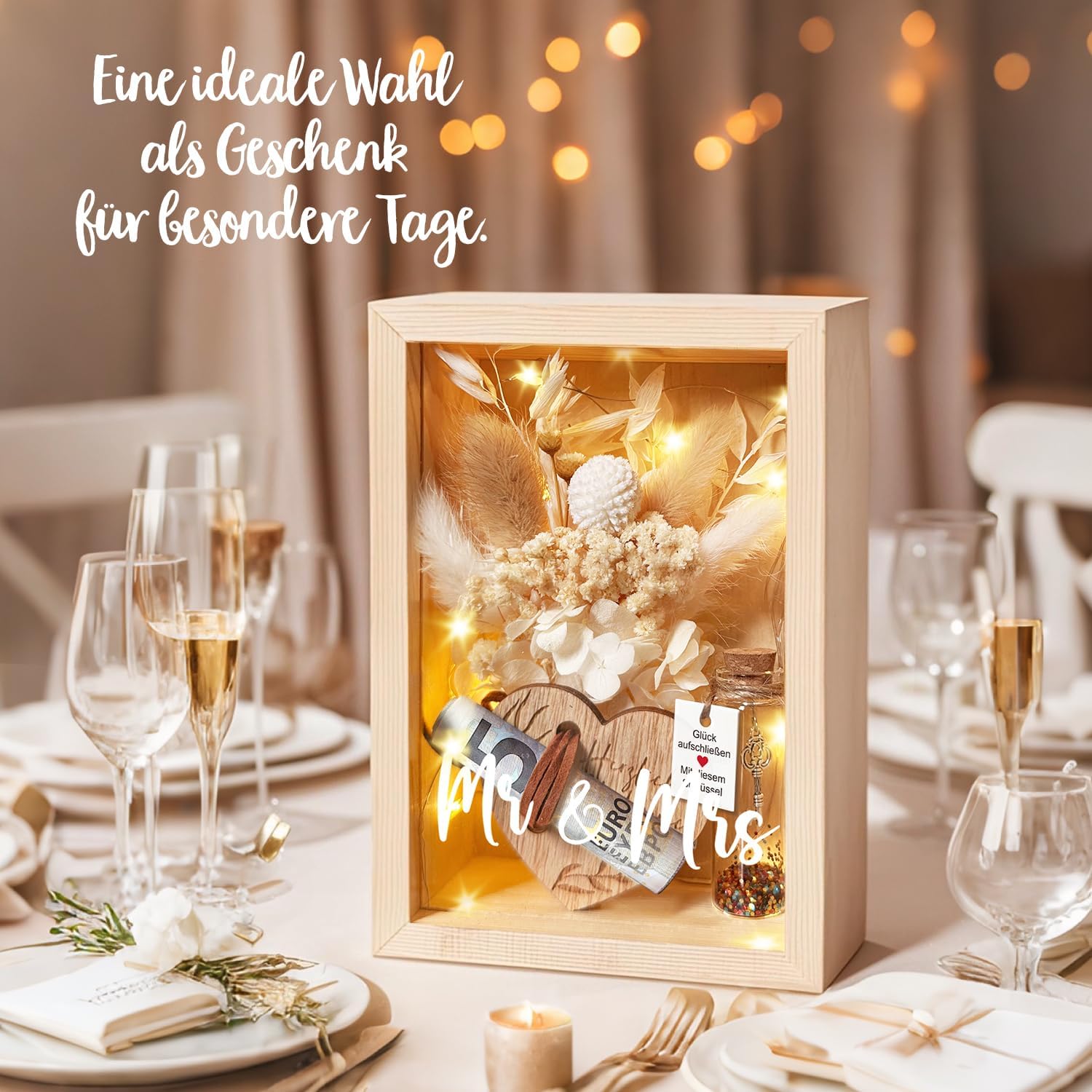 Wedding Gifts for Newlyweds, Money Gifts, Wedding, Love, Romantic Gift for Her, Includes Eternal Flowers, Wooden Box, Plastic Test Tube, Fairy Lights, Key Gift Box – Bild 3