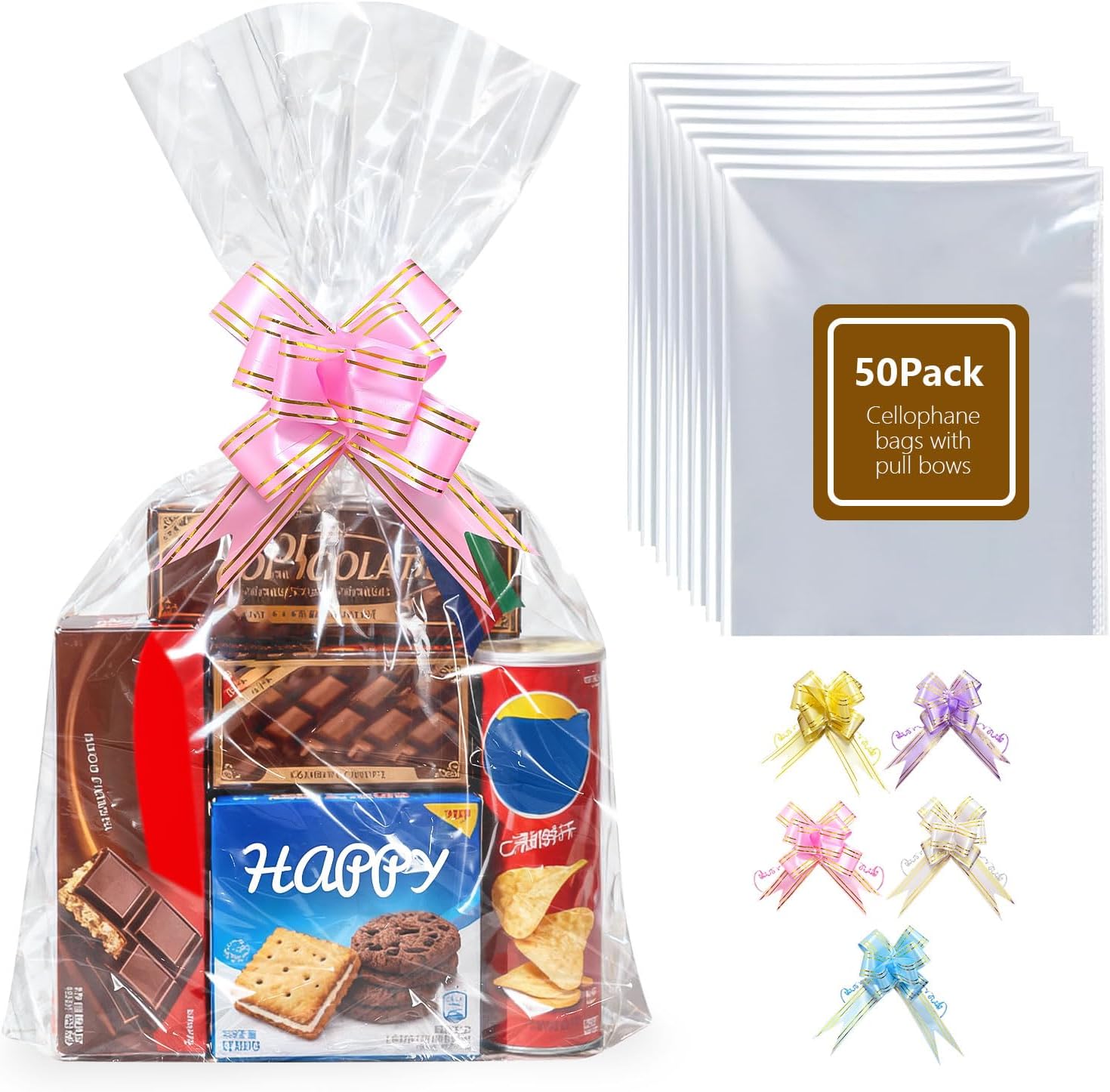 Boensi Pack of 50 Cellophane Bags with Bows, 40 x 50 cm, Clear Gift Bags for Gift Baskets, Halloween, Easter, Christmas, Fruit Baskets and Gift Wrapping