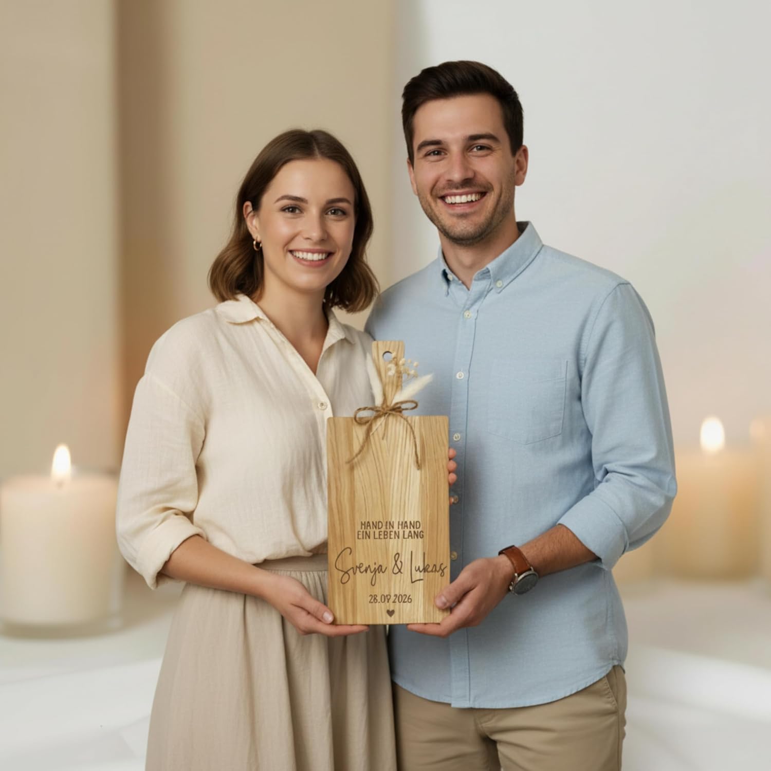 Personalised Wedding Gift Oak Chopping Board, Hand in Hand for a Lifetime, with Name and Date Engraving, 34 x 15 cm, Serving Board with Jute Bow and Dried Flowers – Bild 4