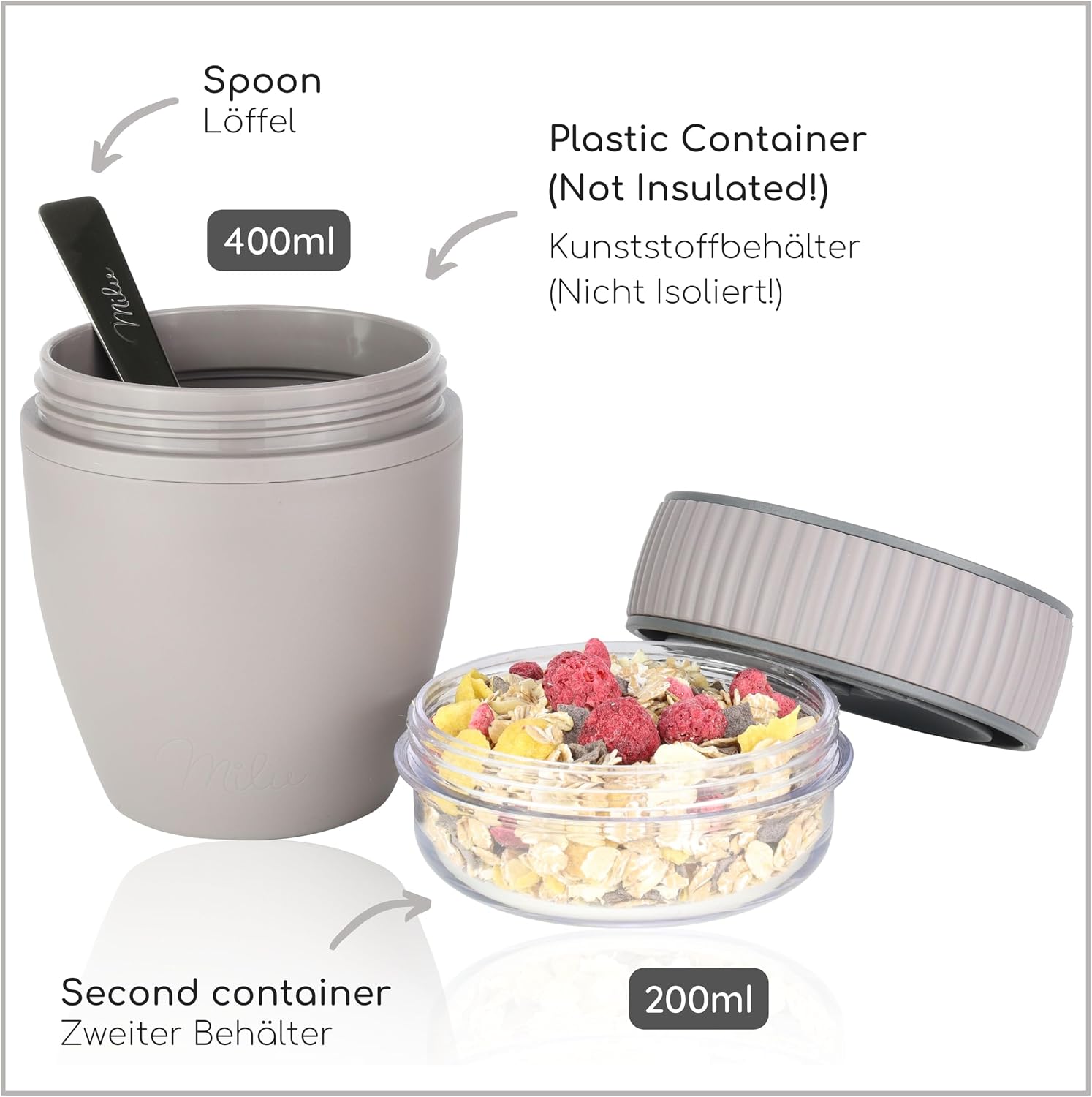 Milu Cereal Cup to Go, 400 ml, MüsliMax, Plastic Yoghurt Cup for Cereal, Leak-Proof Cup with Spoon for Yoghurt/Porridge (Taupe Grey) – Bild 4