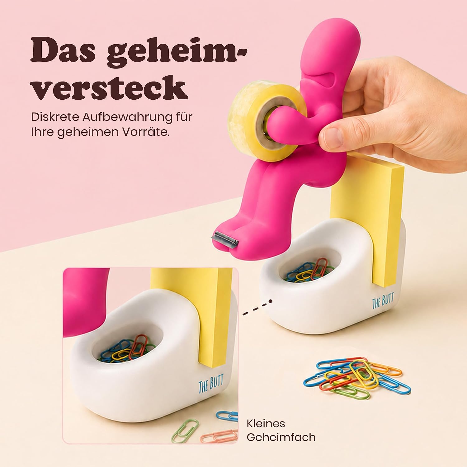 The Butt | Tape Dispenser and Supply Station | Funny Accessory for Office, Home or School | Fun Novelty Desk Tidy and Desktop Notepad Holder Includes Paper Clips, Notes and Pen | Ideal Present (Pink) – Bild 5