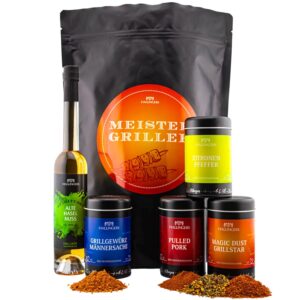Hallingers Genuss Manufaktur Delicatessen Gift Set – XXL "Meistergriller" Wonder Bag Large Barbecue Party Gift Hazelnut Liqueur, Spice, Magic Dust & Pepper, Gift Idea for Men Friend
