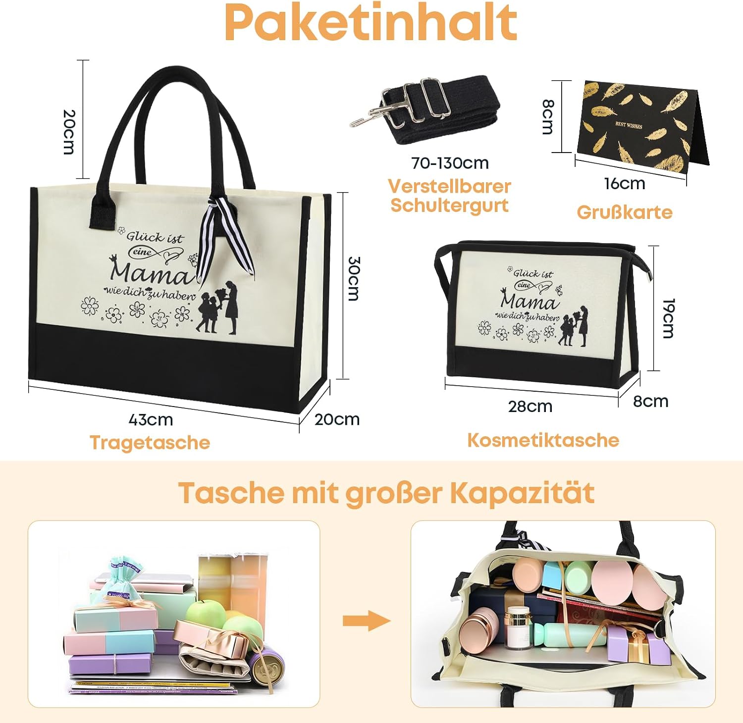 Seutgjie Gifts for Mum, Mother's Day Gift with Greetings Card, Mum Bag, Canvas Shopping Bag, Carry Bag, Cosmetic Bag Set for Birthday, Mother's Day, Christmas – Bild 4