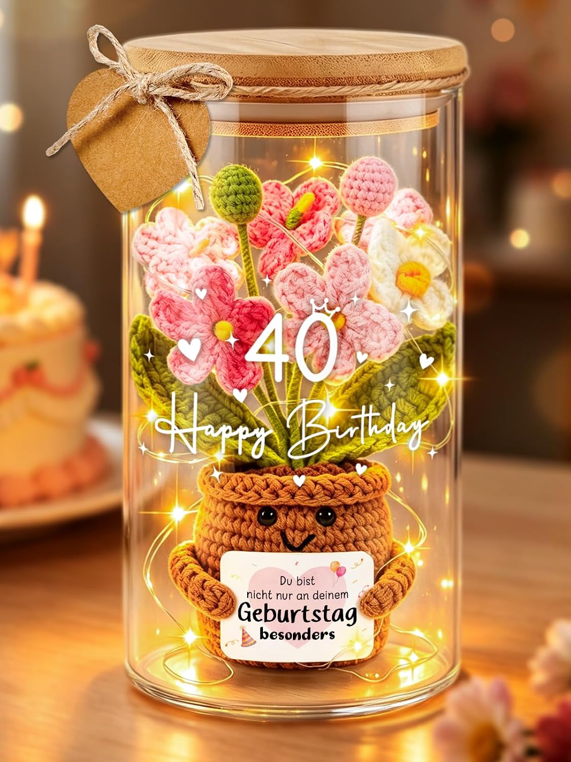 Gift 40th Birthday Women LED Bottle Light with Knitted Flower