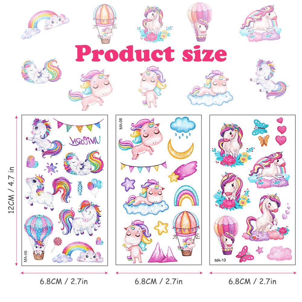 AOOWU Glitter Tattoo Set Children, 10 Sheets Unicorn Glitter Tattoos Girls, Waterproof Children's Tattoo Stickers Boy, Temporary Children's Tattoos for Party Decoration Gifts Party Bags Children's Birthday Party – Bild 2