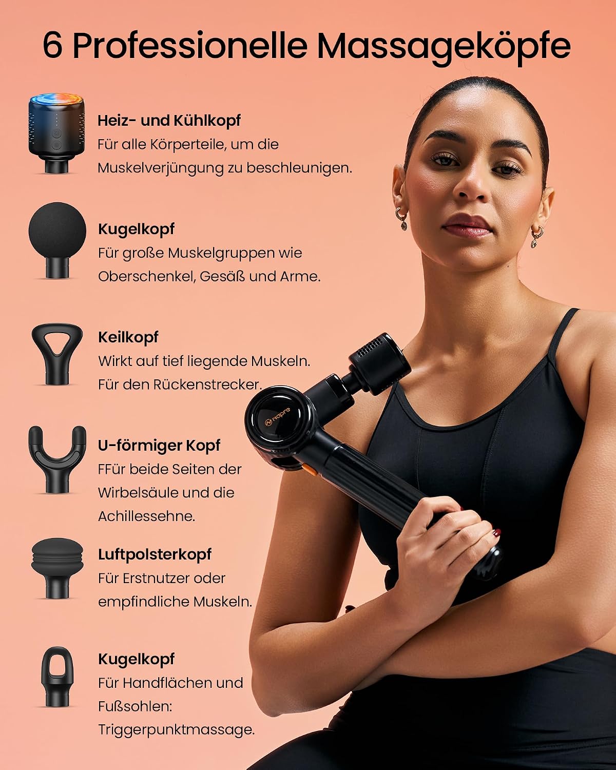 NAPRE Massage Gun with Heat and Cold, Massage Gun with Extension Handle, Adjustable Angles, Muscle Percussion Massager for Back, Neck, Body Relaxation, 6 Heads and Case – Bild 12