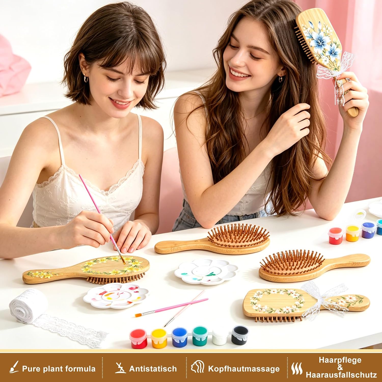 DIY Bamboo Hair Brush, 26 Hair Brushes, DIY Hair Brush for Painting, with 6 Hair Combs, 6 Brushes, 6 Pigments, 6 Palettes, Lace Ribbon for DIY Gift, Wedding Gift – Bild 5