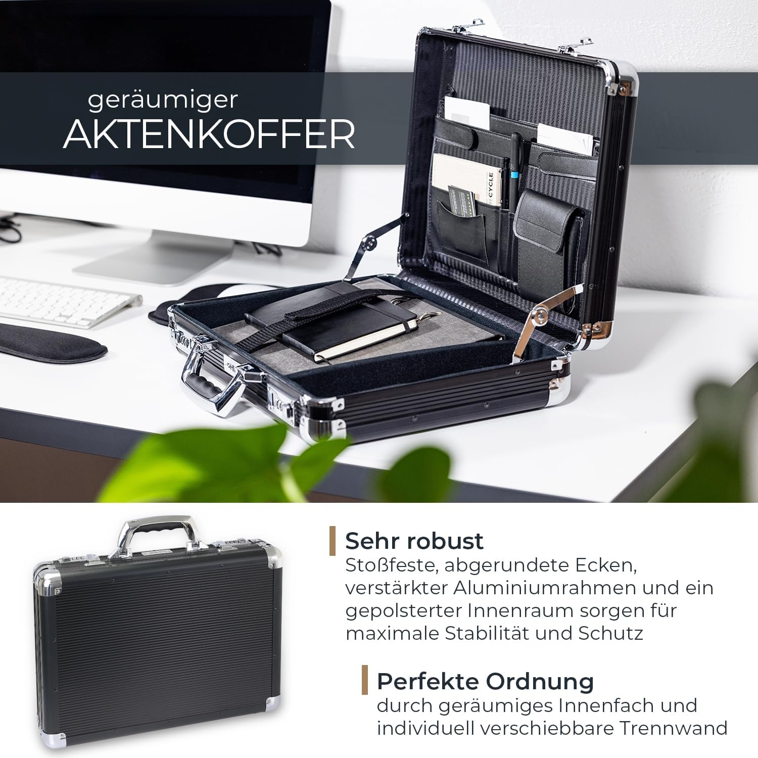 HMF Aluminium Briefcase for Laptops up to 17.3 Inches, Men's Business Case with Combination Lock, Padded Laptop Compartment and Organiser in Lid, 45 x 33 x 11 cm, Black – Bild 4