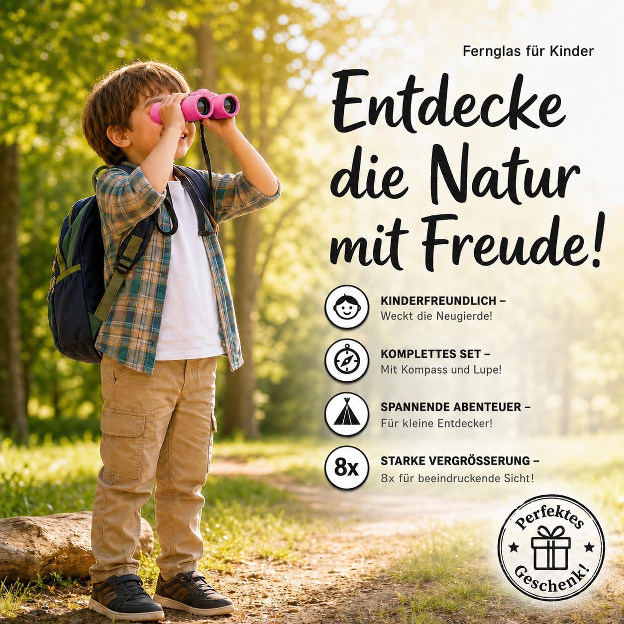 Binoculars for Kids - Gift for Little Boys and Girls for Christmas - Strong Magnification 8 x 21 - Large Set Including Magnifier & Compass - Toy for 3-12 Years – Bild 3