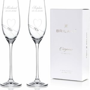 Essence of Love Champagne Glasses with Engraving – Personalised Champagne Glasses, Personalised Wedding Gifts for Newlyweds, Modern Champagne Glasses Set with Name and Date Engraving – Set of 2, 210 ml