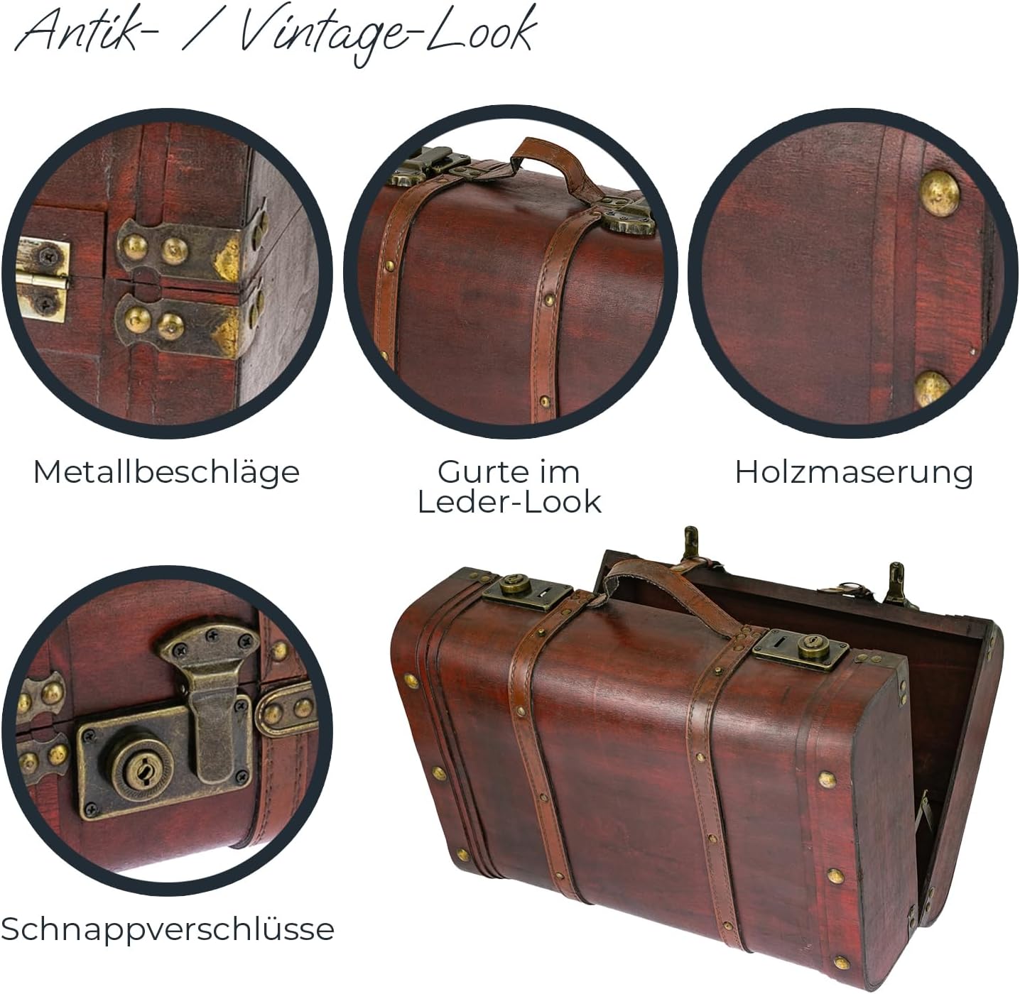 HMF 6412-145 Wooden Treasure Chest Vintage Suitcase, 45 x 30.5 x 20 cm, Large, Peru – Bild 4