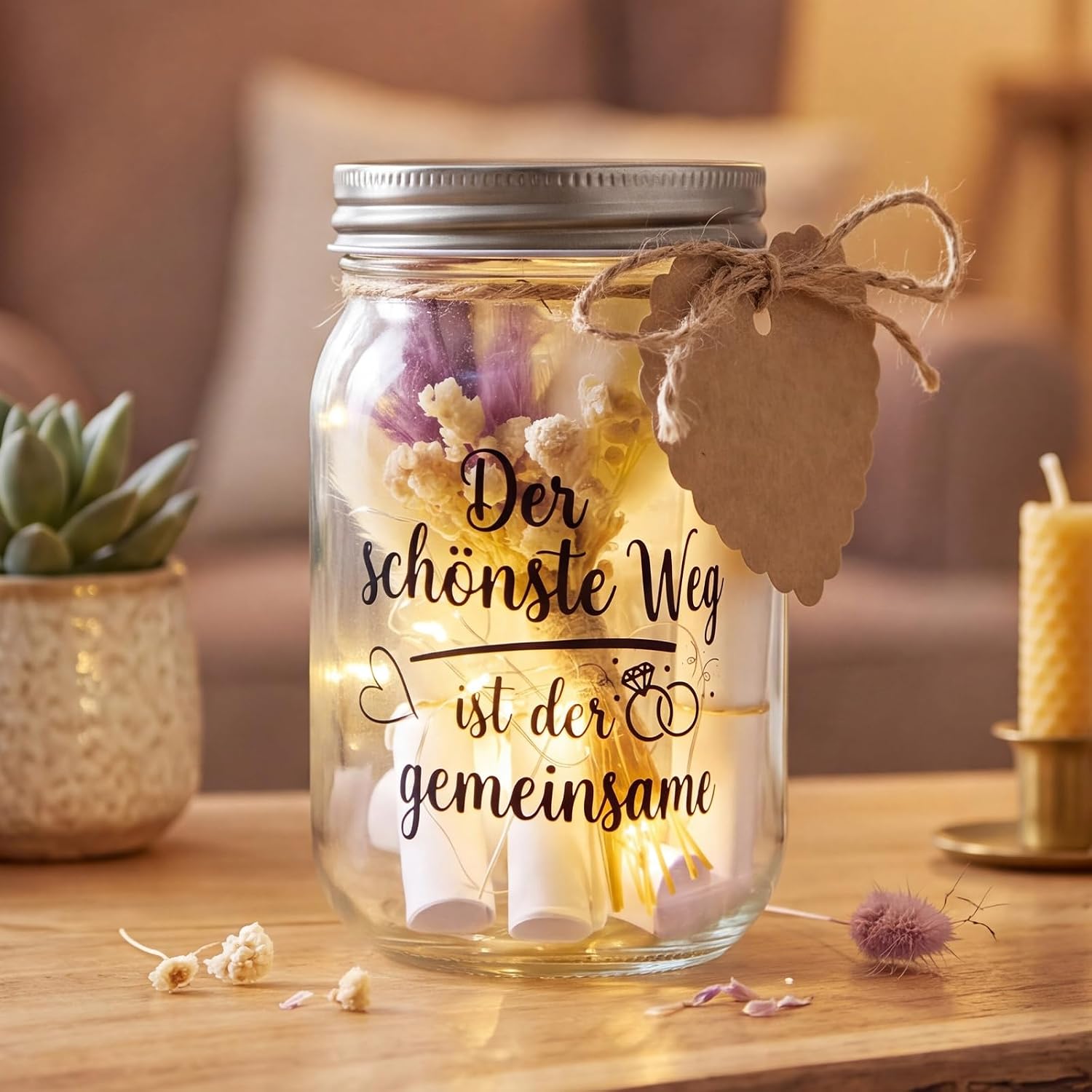 Wedding Money Gift in Glass Wedding Gift for Bride and Groom with 400 ml Glass LED Fairy Lights Dried Flowers 10 Gold Rings Pendant Creative Money Gift Packaging for Wedding – Bild 5
