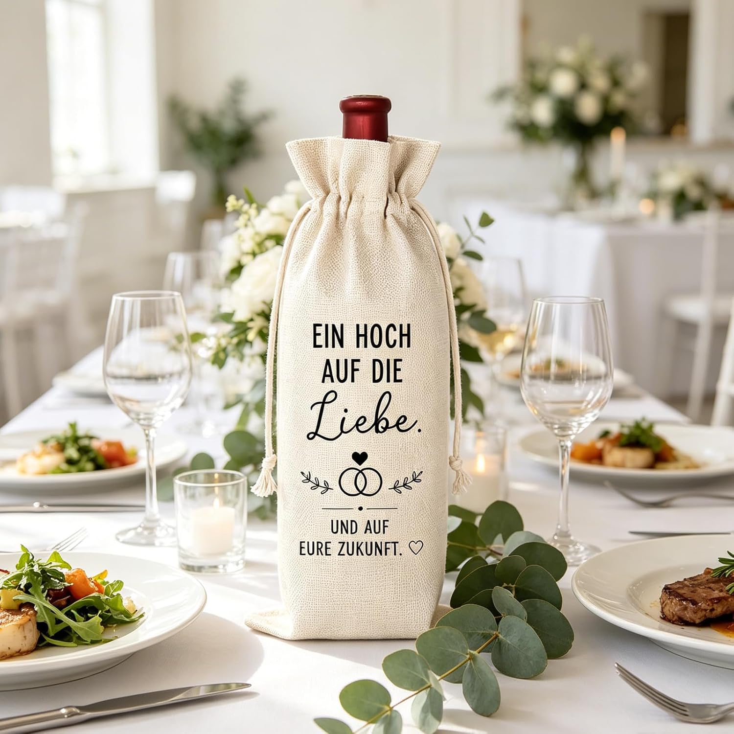 Wedding Gifts for Bride and Groom Elegant Engagement Gift Wine Bag as Wedding Gift Linen Bottle Bag Beautiful Gift Packaging with Love Saying Skandi Style – Bild 6